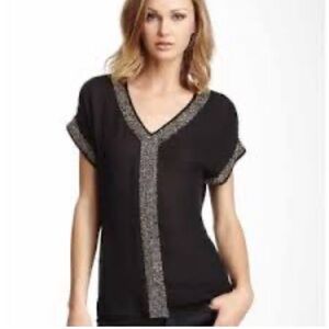 Love Token Womens Beaded Silver & Black V-Neck Drop Sleeve 100% Silk Size Medium